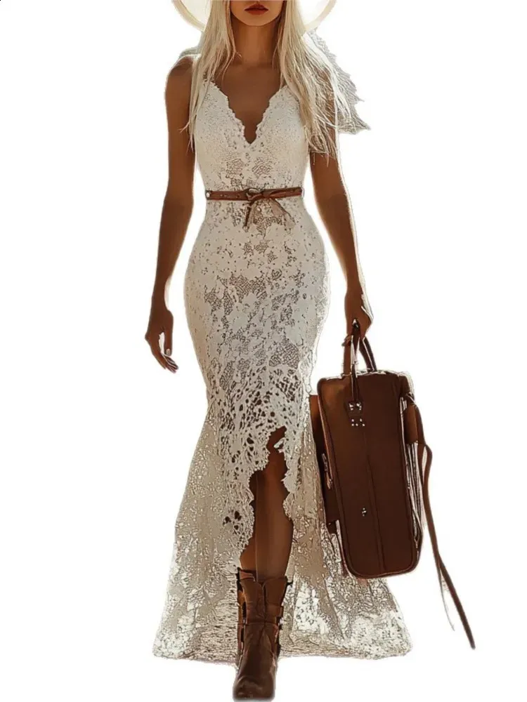 V-neck Sleeveless Boho White Dress Lady Sexy Lace Embroidery Hollow Sling  Dress Fashion Irregular Solid Slim Party Dress 260206