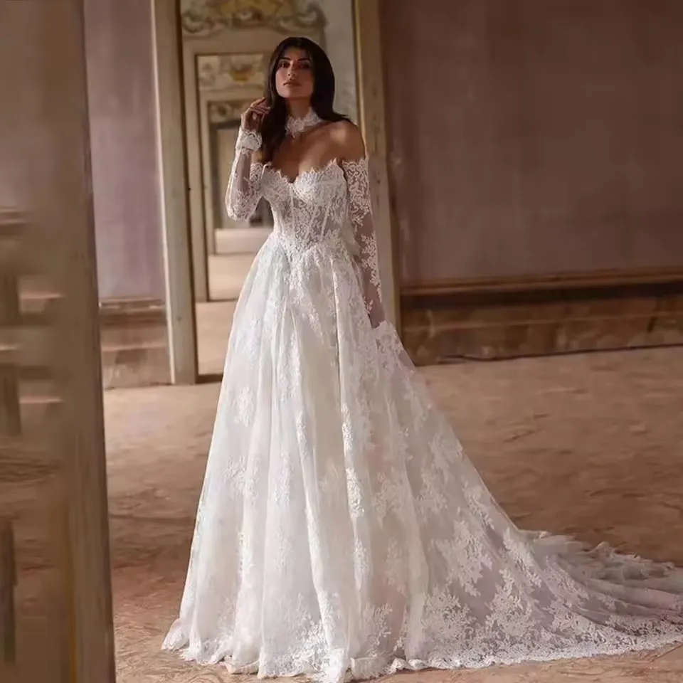 designer a line wedding dresses Illusion Sleeved Beaded Lace A-line Wedding Dress