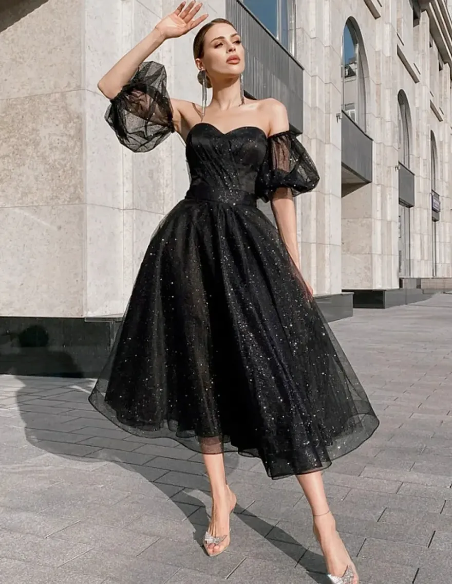 slim fit dress slacks Andrea and Leo A1406 Tea-Length Floral Prom Dress Blue / 4 main image 1