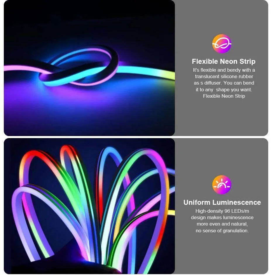 Dreamcolor LED 12V RGBIC Neon Rope Light Waterproof Round 2-wire Strip ...