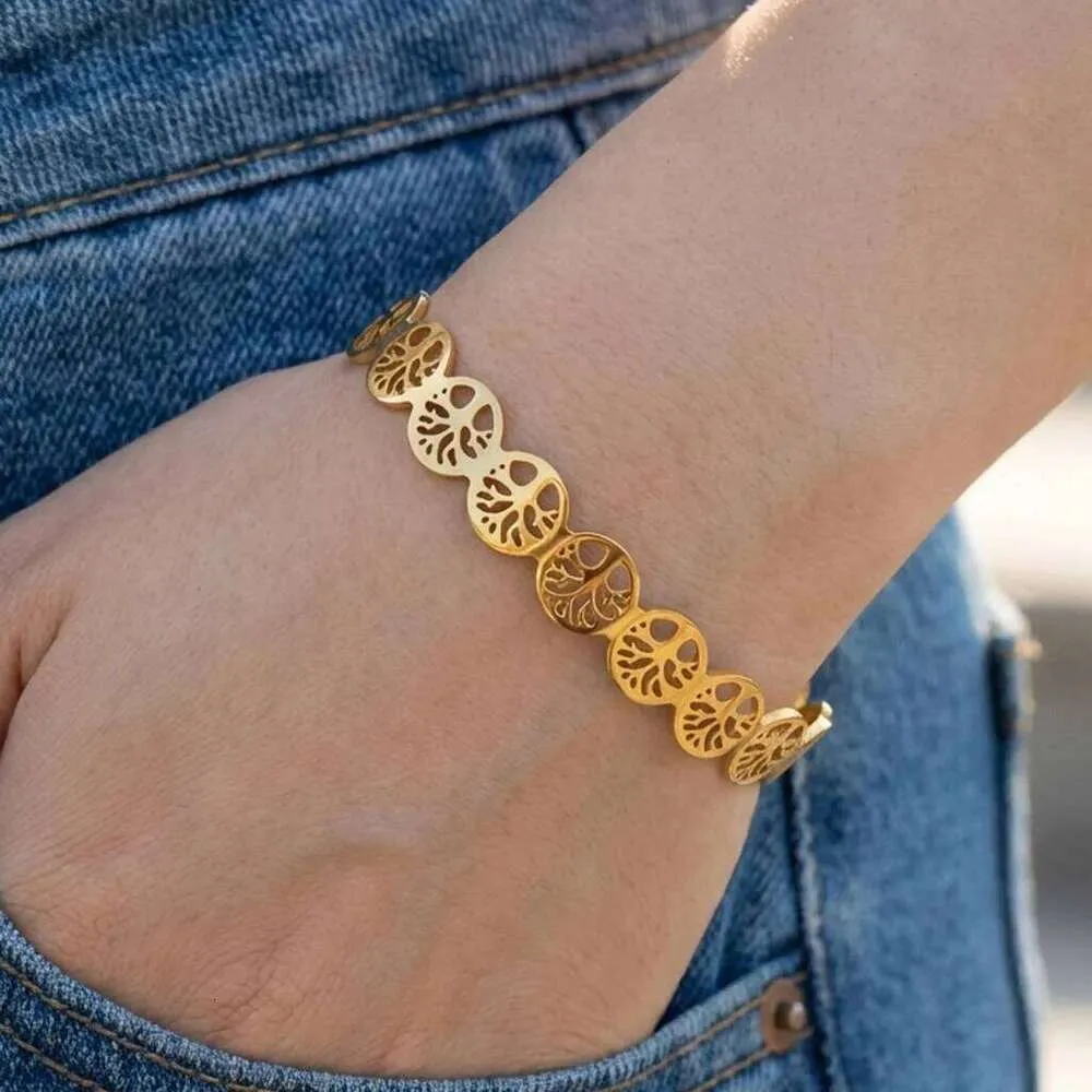 Tree Of Life Bangle Bracelet Gold Plated Stainless Steel Open Cuff_voghion.com