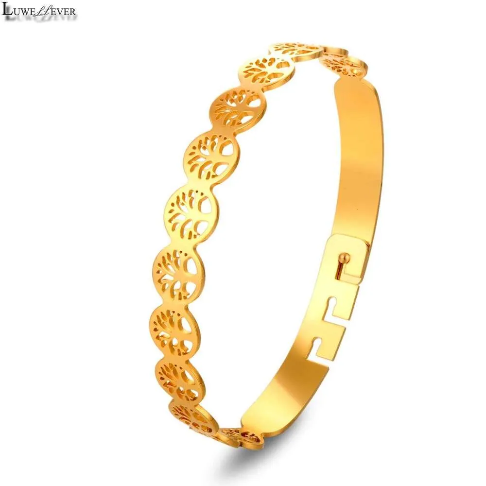 Stainless Steel Tree Of Life 162 Bangle Bracelet Golden Plated Adjustable Open Cuff Jewelry Hypoallergenic Gift For Her_voghion.com