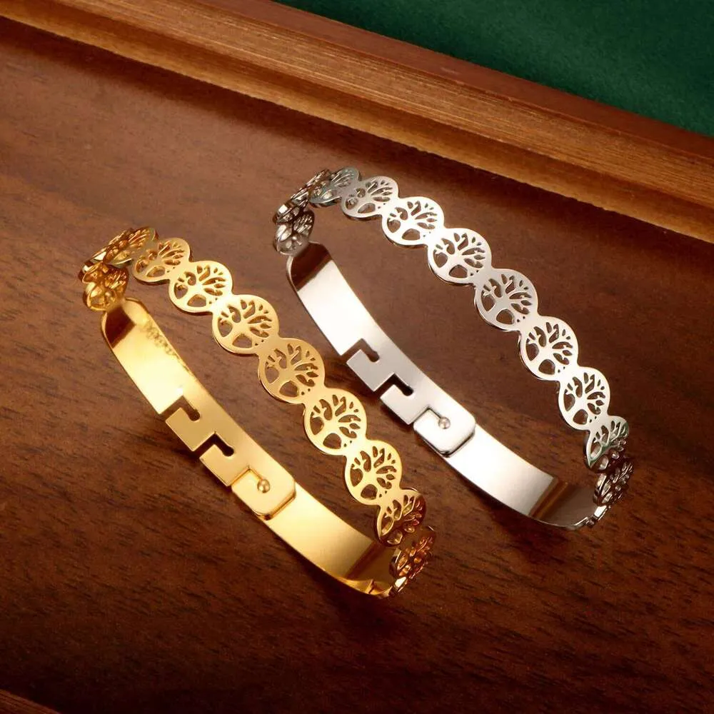 Tree Of Life Bangle Bracelet Gold Plated Stainless Steel Open Cuff_voghion.com
