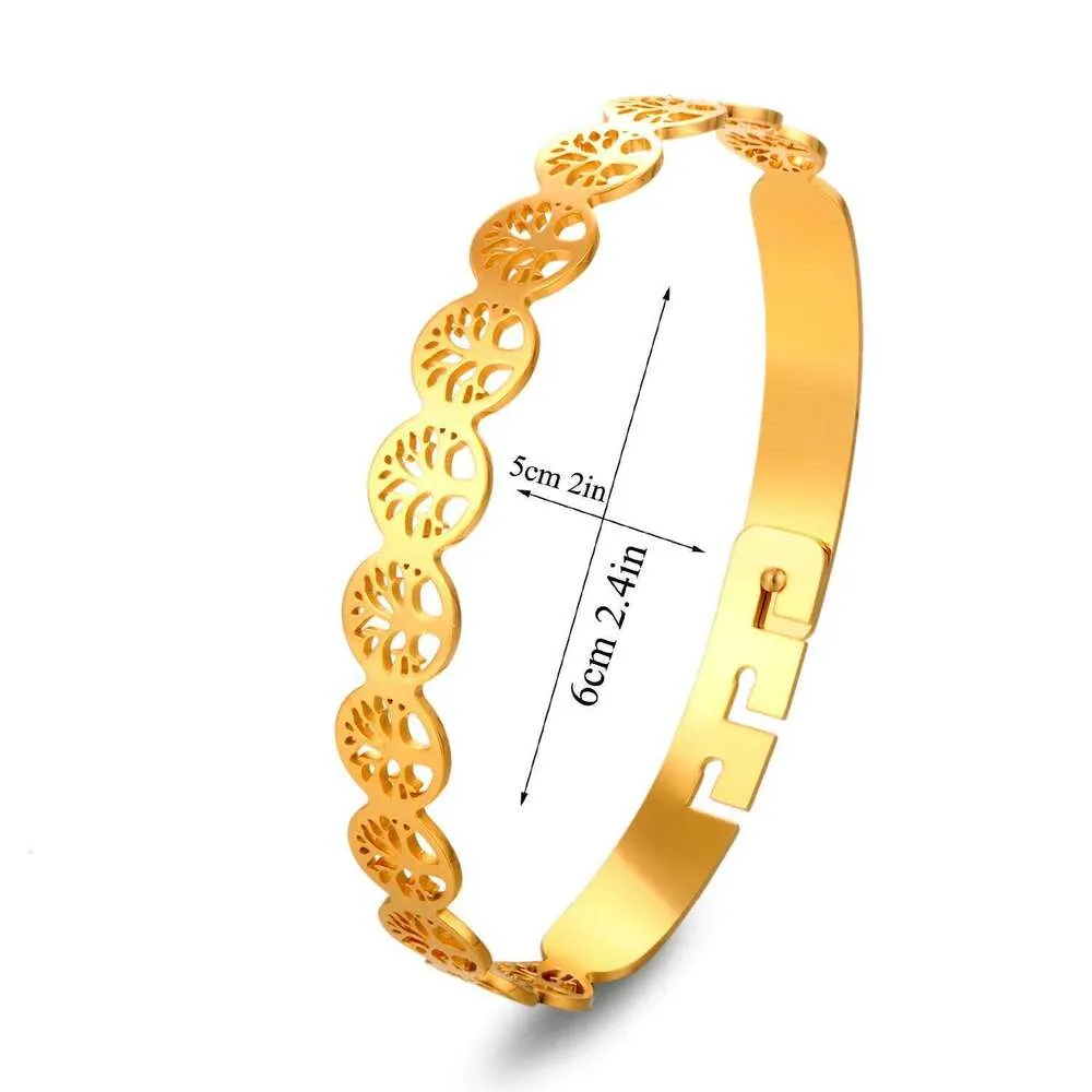 Stainless Steel Tree Of Life 162 Bangle Bracelet Golden Plated Adjustable Open Cuff Jewelry Hypoallergenic Gift For Her_voghion.com
