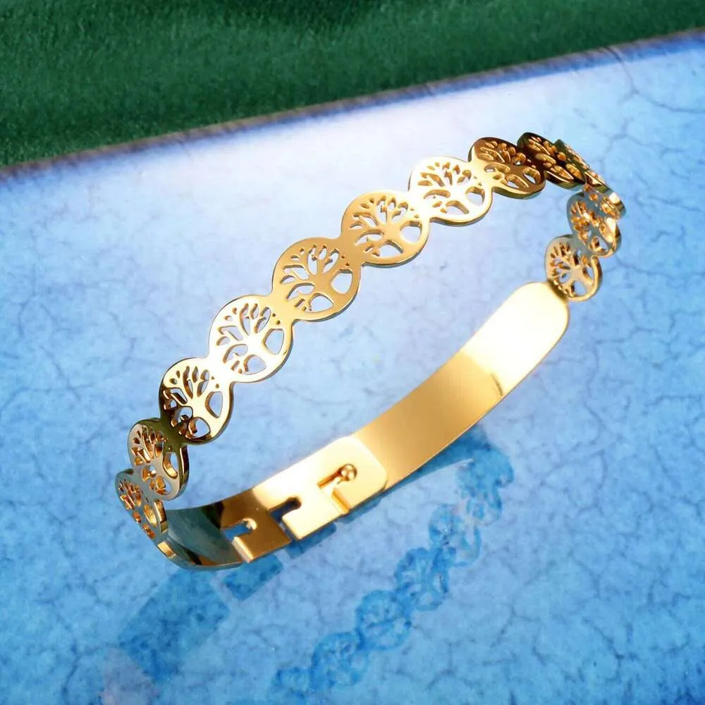 Tree Of Life Bangle Bracelet Gold Plated Stainless Steel Open Cuff_voghion.com