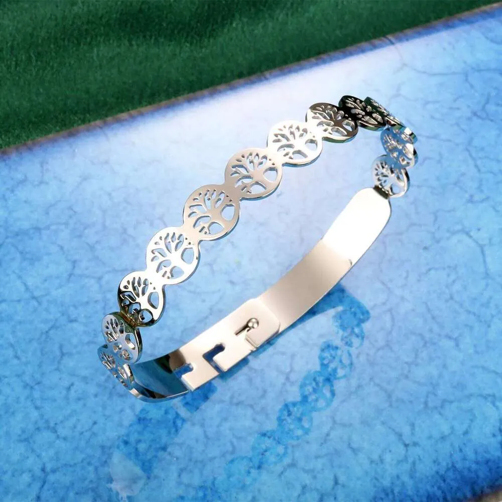 Stainless Steel Tree Of Life 162 Bangle Bracelet Golden Plated Adjustable Open Cuff Jewelry Hypoallergenic Gift For Her_voghion.com
