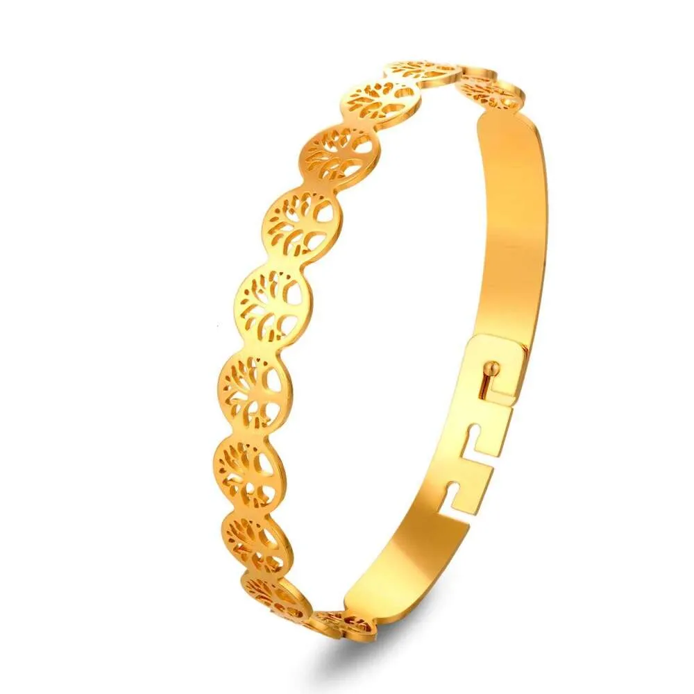 Tree Of Life Bangle Bracelet Gold Plated Stainless Steel Open Cuff_voghion.com