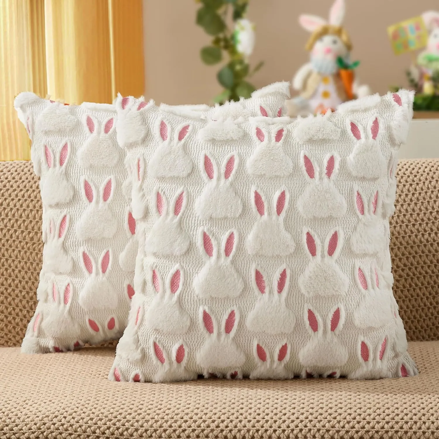 Easter Pillow Covers Pink Ears White Rabbit Plush Faux Fur Jacquard ...