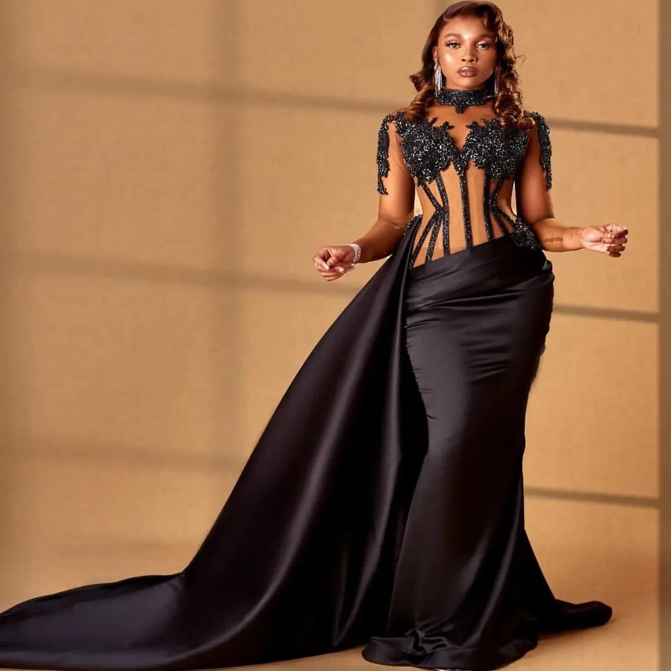 black satin fitted mermaid-cut dress Black Satin V Neck Puff Sleeve Mermaid Gown 43818