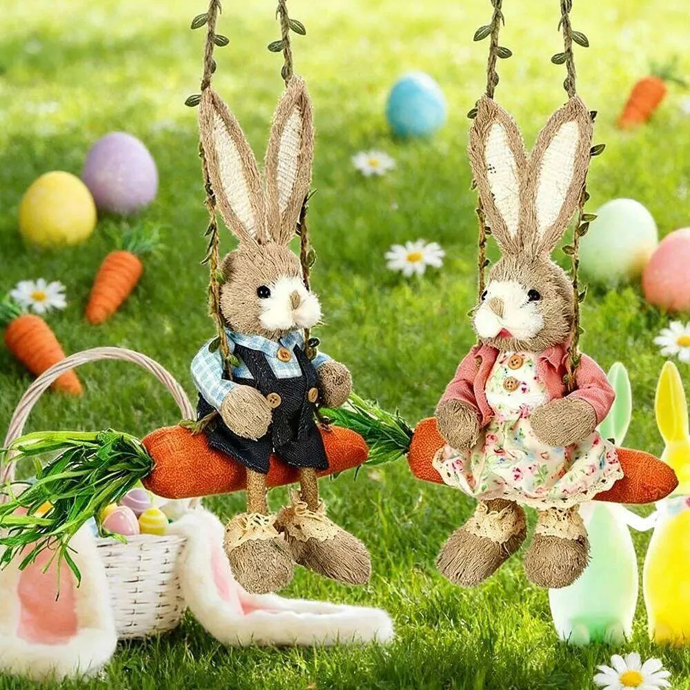 Easter Bunny on Swing Handmade Woven Grass Rabbit Figurine Crystal ...