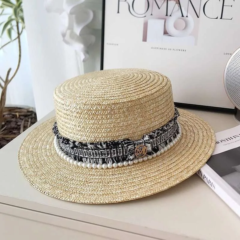 Fashion Black White Boater Straw Pearls Flowers Hat Woman Formal Accessory Gift Joan Black and White Wide Brim Boater. Hats for Men & Women main image 4