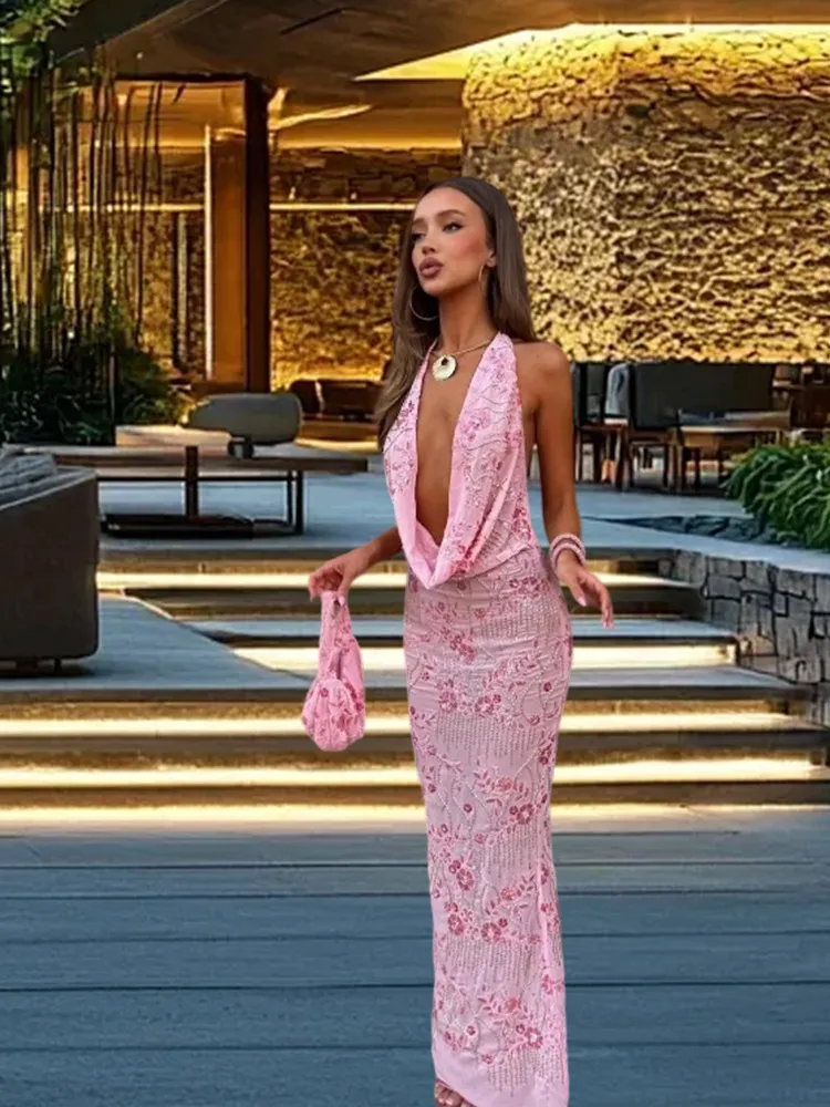 sequin draped halter dress Cowl Neck Halter Draped Sequin Sheath Dress