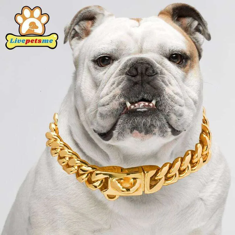 ステンレススチールシルバー犬首輪、幅14mm、金属犬、キューバリンク