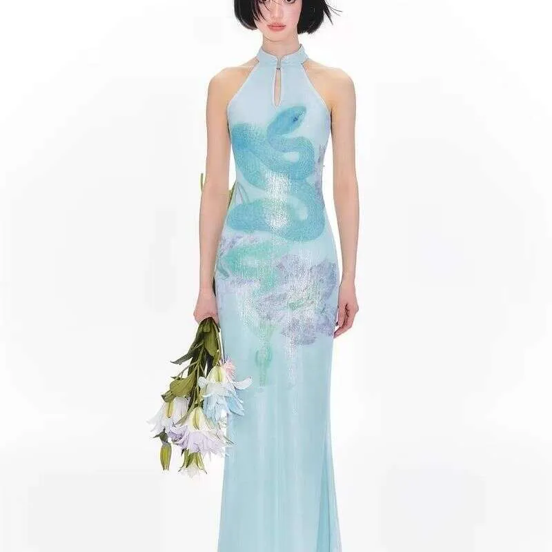 blue snake print dress Halter Cheongsam Summer Casual SIZE:AU 8 Full Sleeves evening gown luxury elegant Blue Floral Mother of
