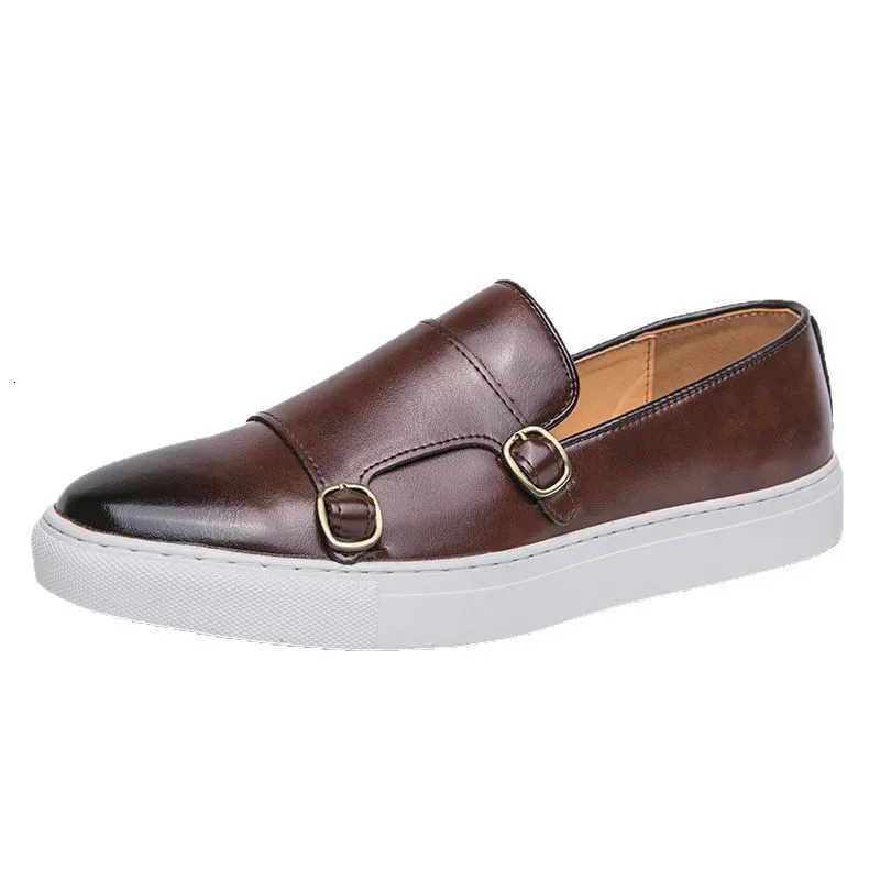 Herren-Sneaker aus braunem Leder mit doppeltem Riemen (ohne Monk-Schnitt), weiße Sohle, Freizeitschuhe_voghion.com