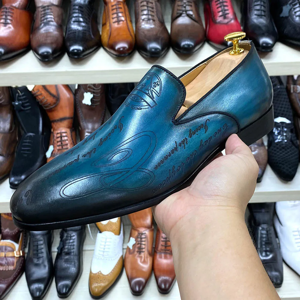 Mens Blue Gradient Leather Loafers Non Slip Formal Business Shoes_voghion.com