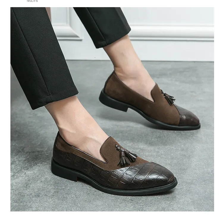 Men's Black Tassel Loafers With Croc Embossed And Suede Patchwork_voghion.com