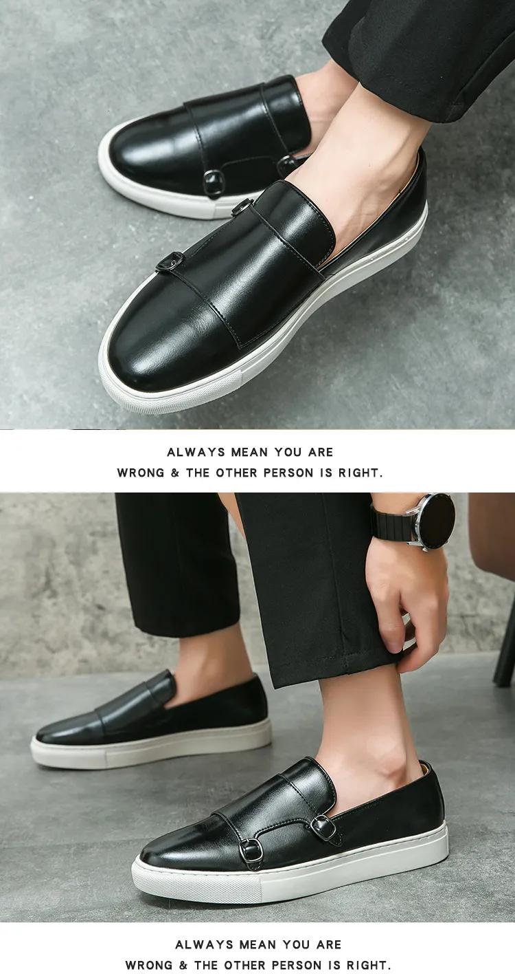 Herren Braune Leder Monkstrap Freizeitschuhe Mit Weißer Sohle_voghion.com