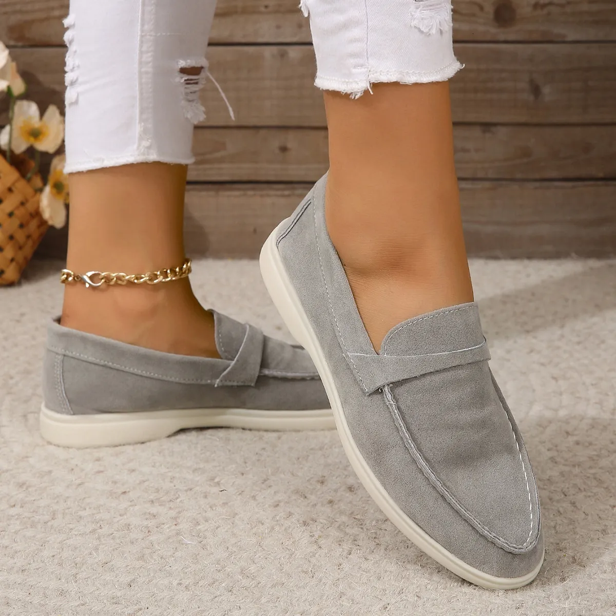 Non Women's Khaki Suede Pointed Toe Loafers Slip On Casual Flat Comfortable Soft Sole Walking Shoes For Office Daily_voghion.com