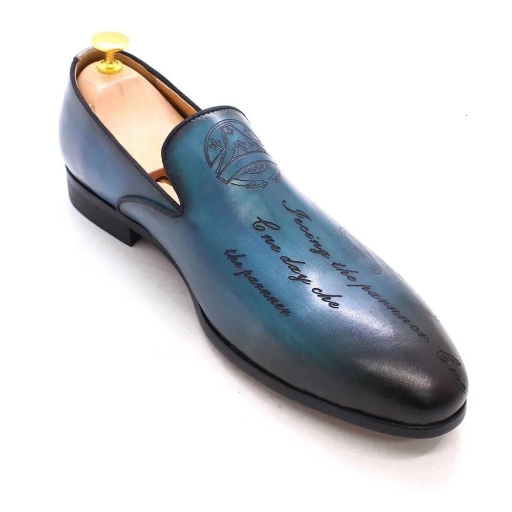 Mens Blue Non Slip Black Gradient Leather Loafers Daily Footwear Engraved Design For Business Formal Wear_voghion.com