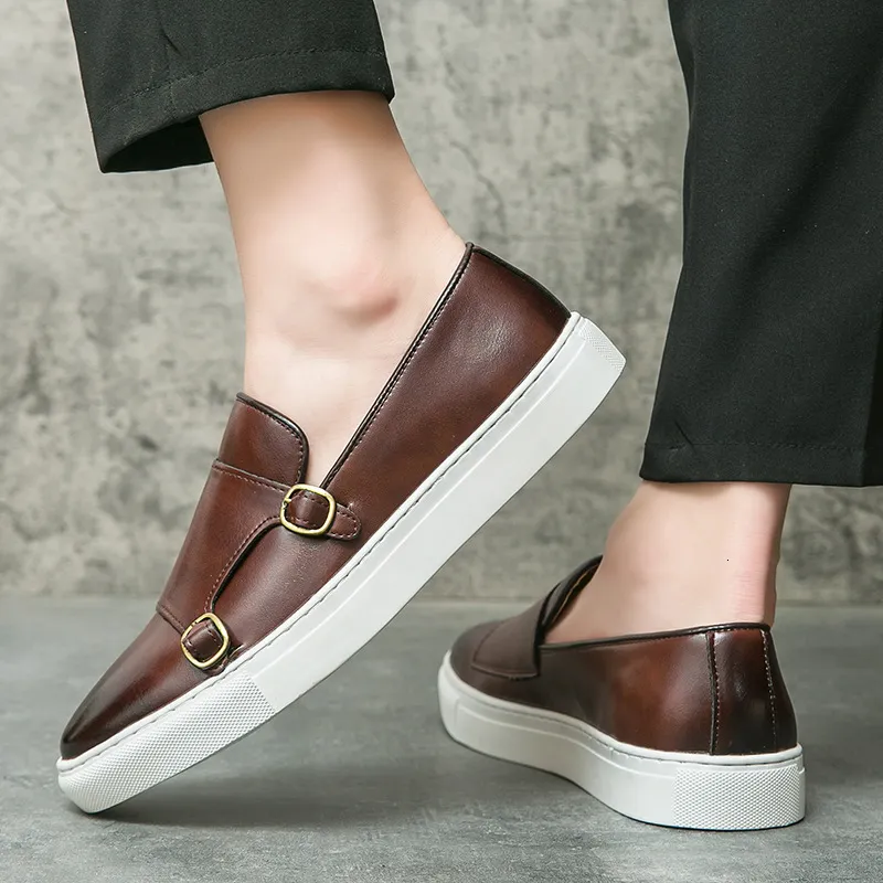 Herren-Sneaker aus braunem Leder mit doppeltem Riemen (ohne Monk-Schnitt), weiße Sohle, Freizeitschuhe_voghion.com