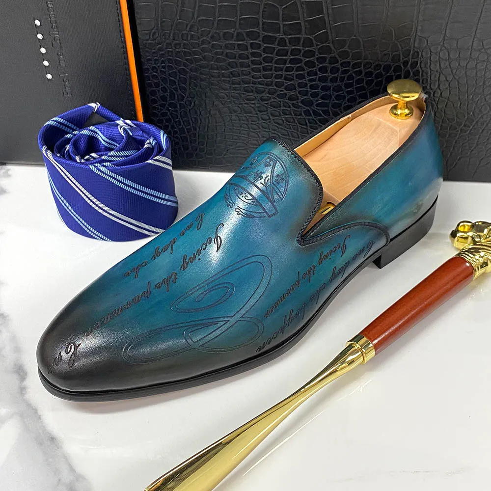 Mens Blue Non Slip Black Gradient Leather Loafers Daily Footwear Engraved Design For Business Formal Wear_voghion.com