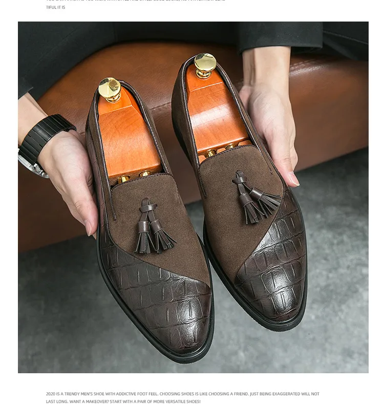 Men's Black Tassel Loafers With Croc Embossed And Suede Patchwork_voghion.com