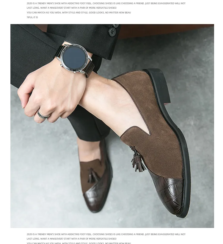 Men's Black Tassel Loafers With Croc Embossed And Suede Patchwork_voghion.com