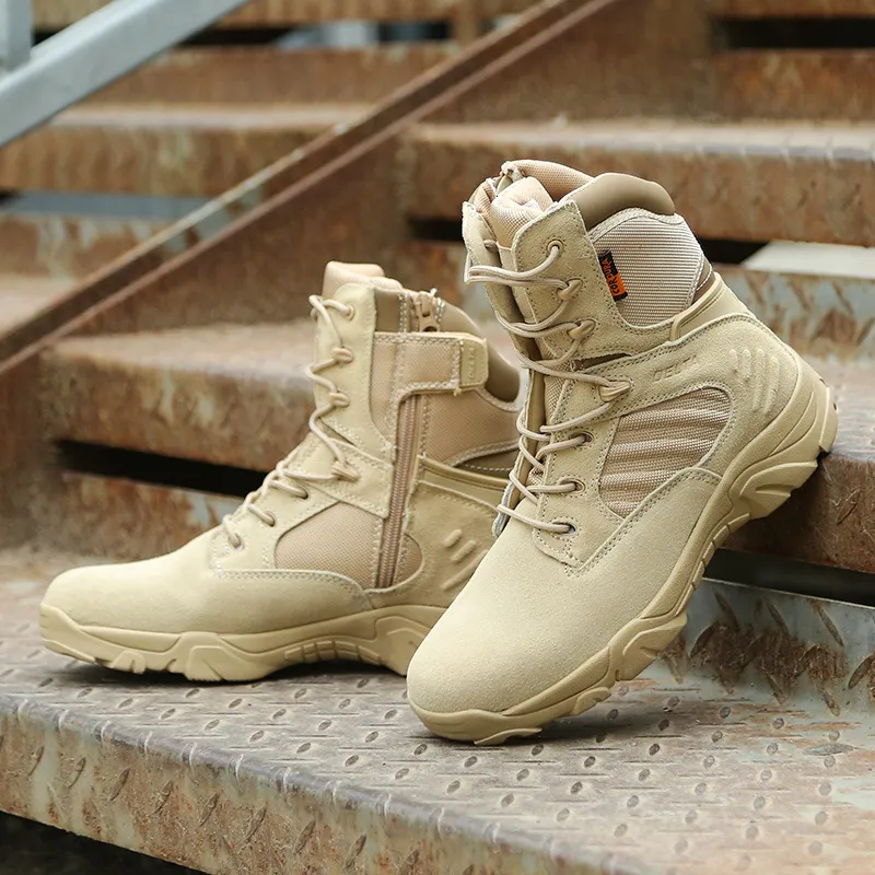 Mens Sand Non Slip Tactical Combat Daily Footwear Mid High Top Side Zipper Lace Up Outdoor Hiking Military Boots For Men_vogvips.com
