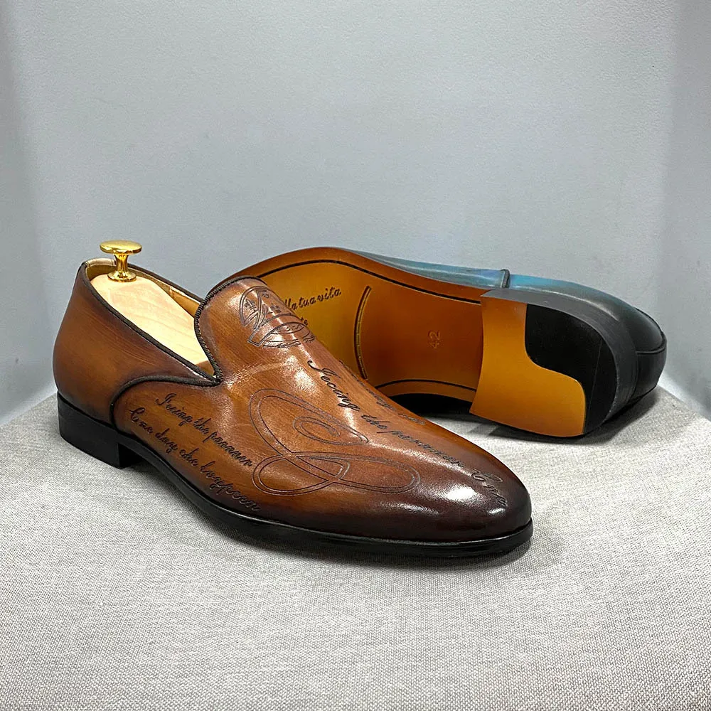 Mens Blue Non Slip Black Gradient Leather Loafers Daily Footwear Engraved Design For Business Formal Wear_voghion.com