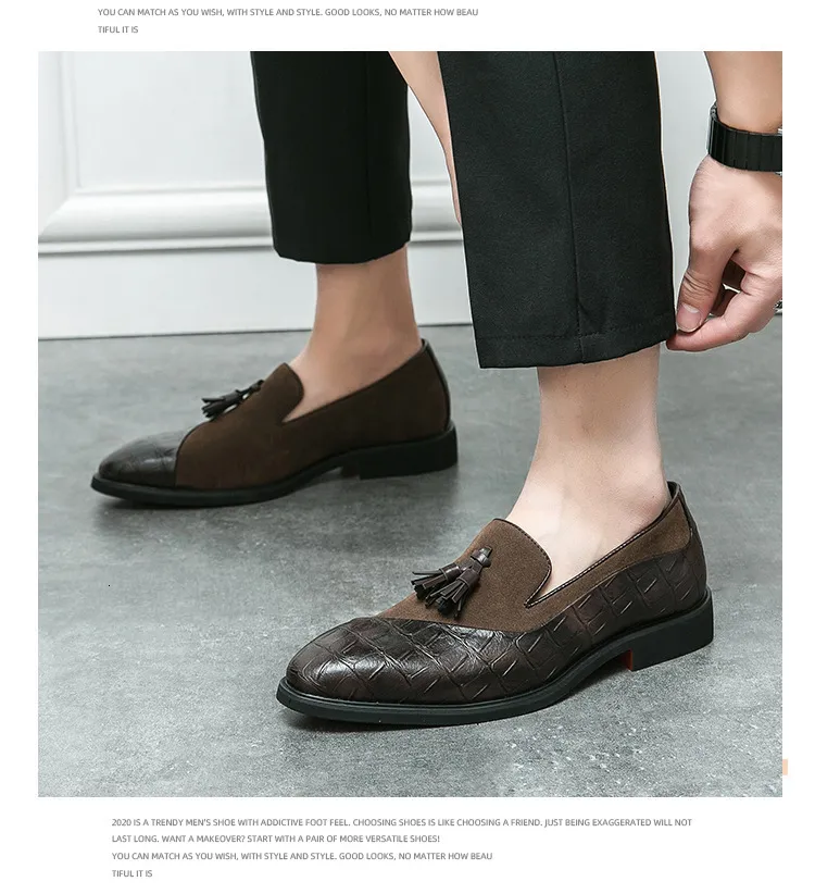 Men's Black Tassel Loafers With Croc Embossed And Suede Patchwork_voghion.com