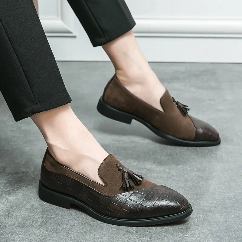 Mens Daily Footwear Black Tassel Non Loafers Croc Embossed And Suede Patchwork Slip On Shoes_voghion.com