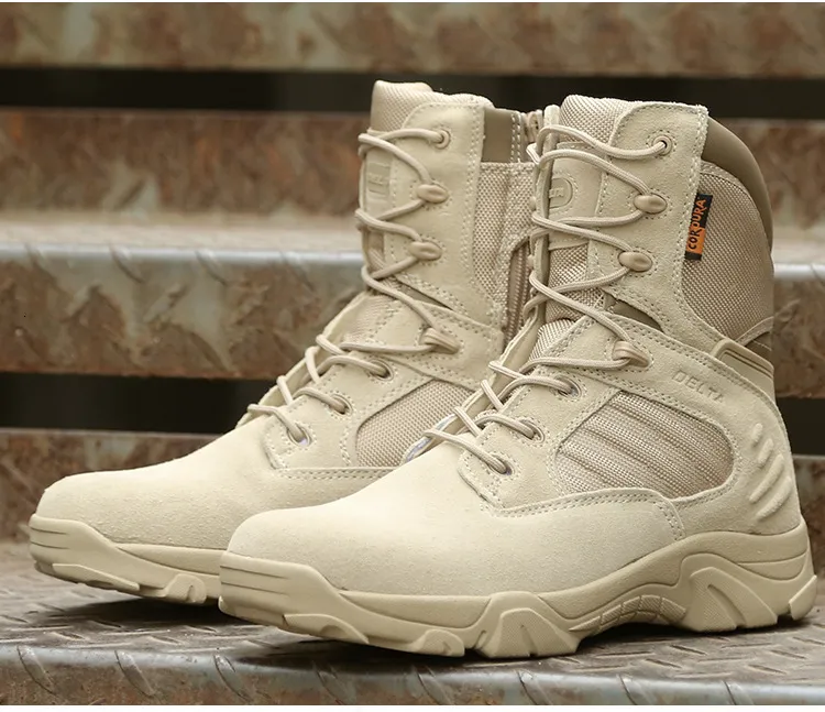 Mens Sand Non Slip Tactical Combat Daily Footwear Mid High Top Side Zipper Lace Up Outdoor Hiking Military Boots For Men_vogvips.com