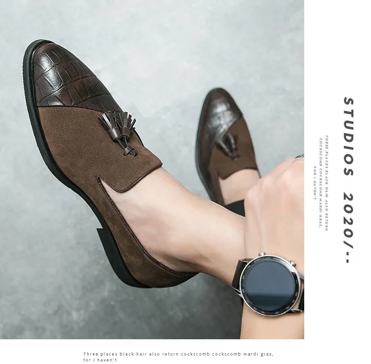 Men's Black Tassel Loafers With Croc Embossed And Suede Patchwork_voghion.com