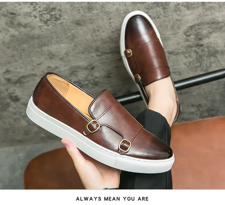 Herren Braune Leder Monkstrap Freizeitschuhe Mit Weißer Sohle_voghion.com