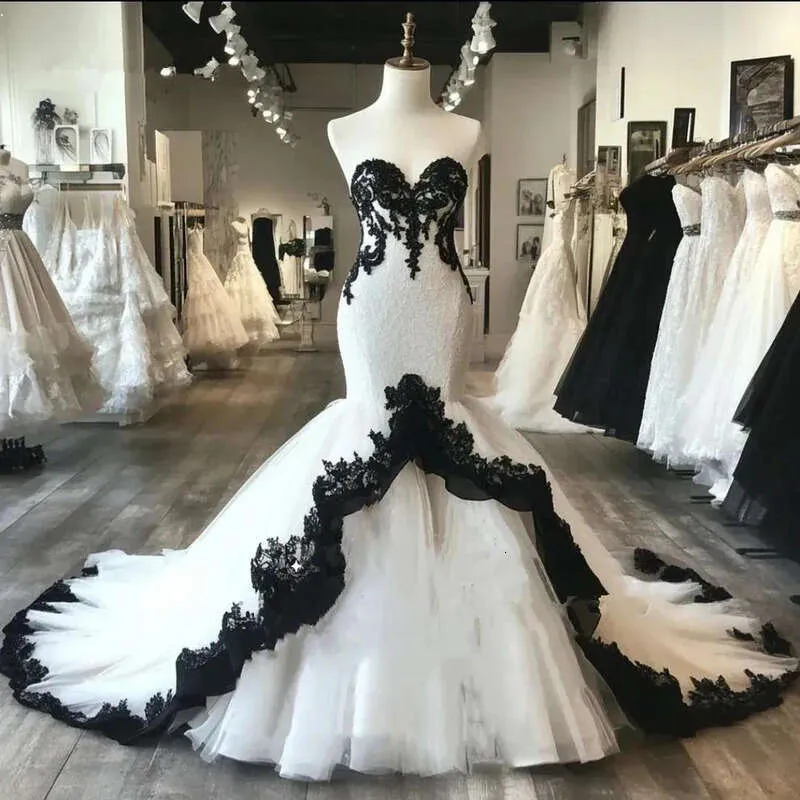 black and white mermaid wedding dresses Unique Black White Lace Mermaid Lace Wedding Dress
