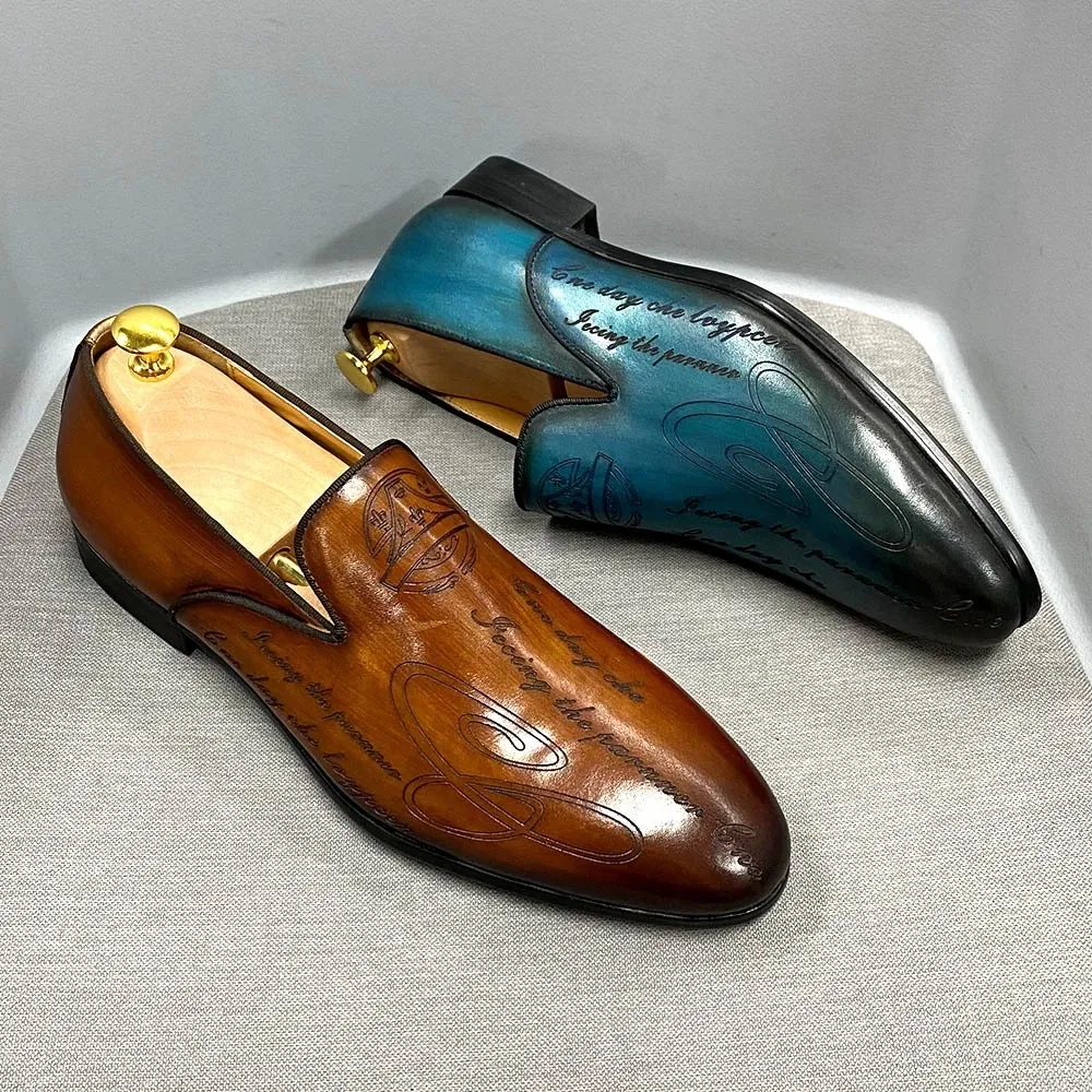 Mens Blue Non Slip Black Gradient Leather Loafers Daily Footwear Engraved Design For Business Formal Wear_voghion.com