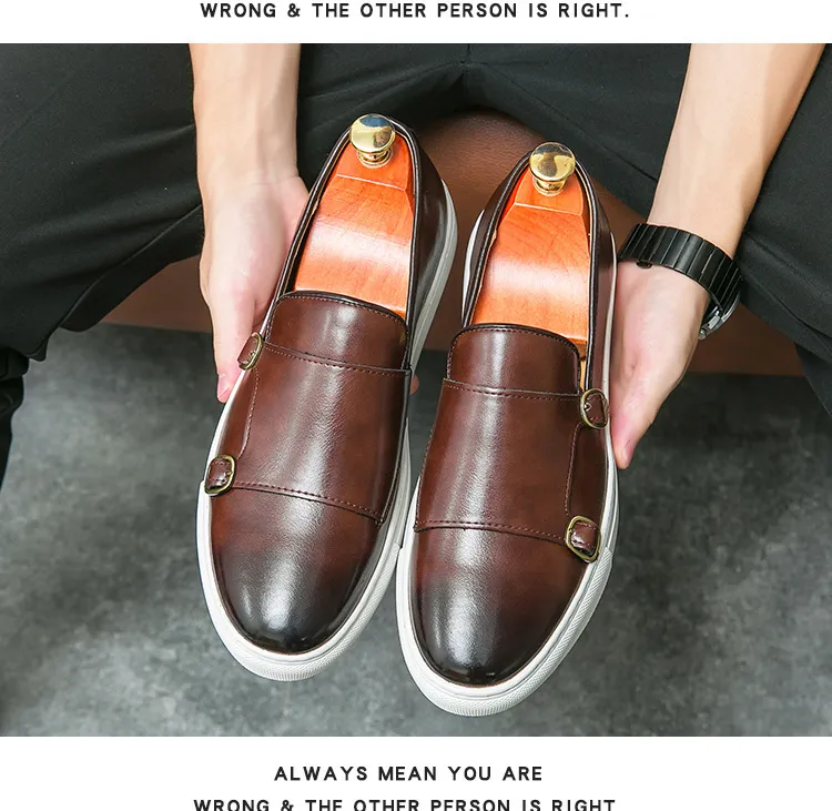 Herren Braune Leder Monkstrap Freizeitschuhe Mit Weißer Sohle_voghion.com