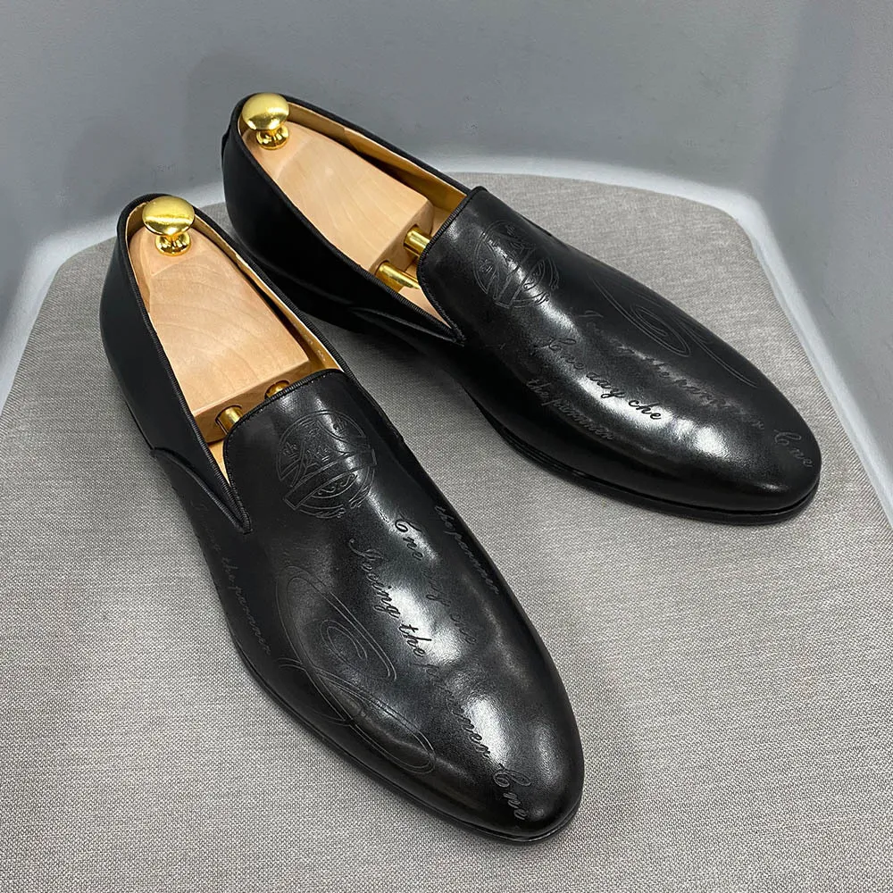 Mens Blue Non Slip Black Gradient Leather Loafers Daily Footwear Engraved Design For Business Formal Wear_voghion.com