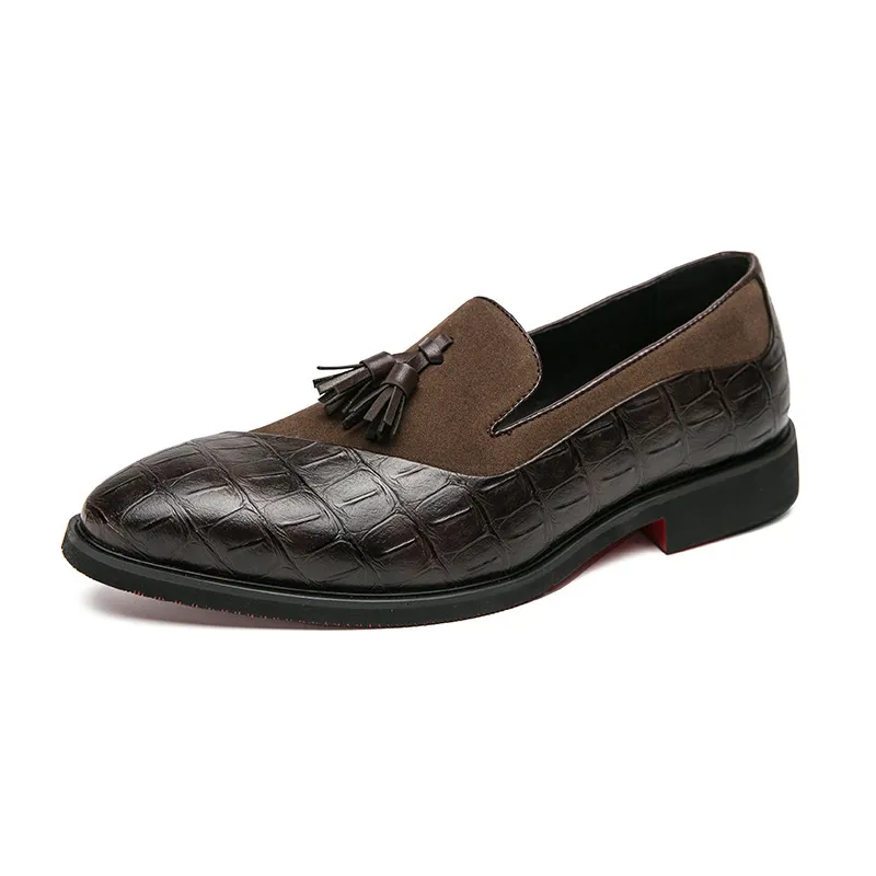 Mens Daily Footwear Black Tassel Non Loafers Croc Embossed And Suede Patchwork Slip On Shoes_voghion.com