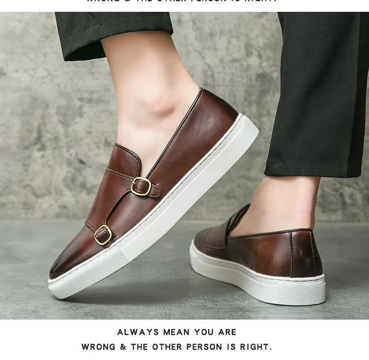Herren Braune Leder Monkstrap Freizeitschuhe Mit Weißer Sohle_voghion.com