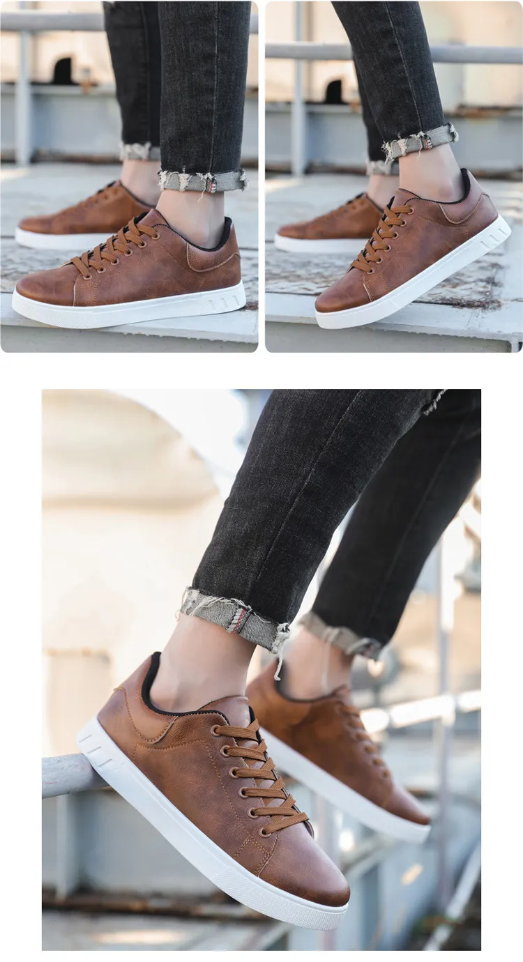 Baskets homme en cuir lisse marron chaussures de skate_voghion.com