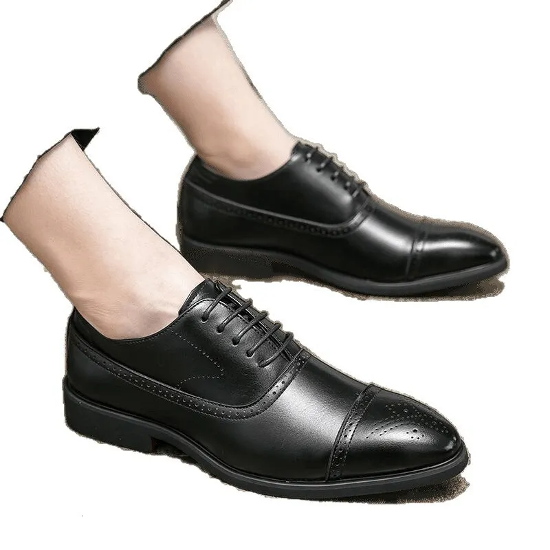 Mens Brown Cap Toe Brogue Dress Genuine Leather Lace Up Oxford Shoes Footwear For Business Formal Wedding Party Daily_voghion.com