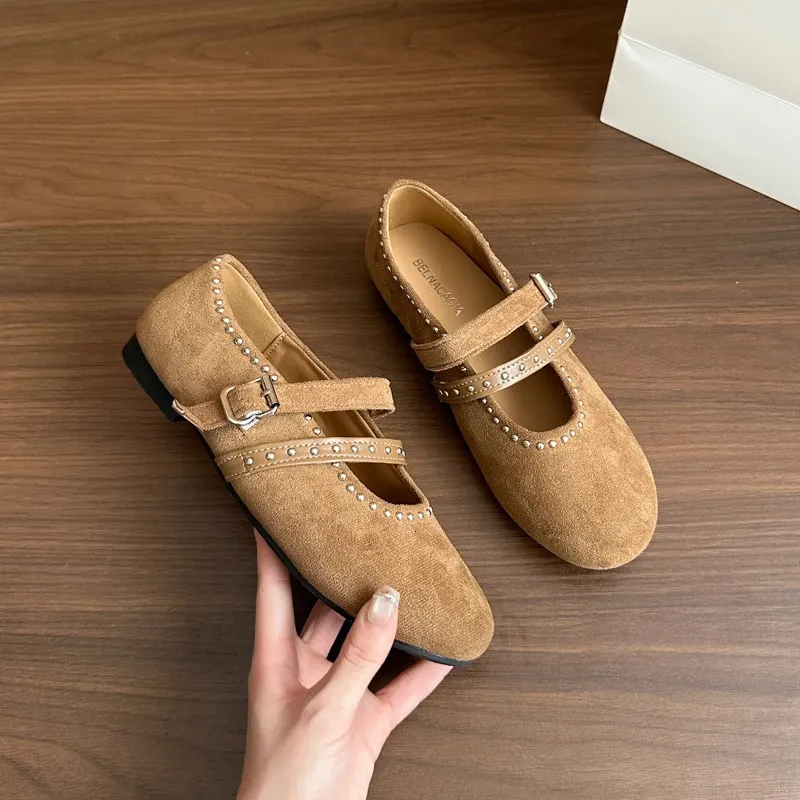 Autumn Low Heel Womens Fashion Round Toe Suede Slip Strap Rivet Soft Sole Anti Slip Wear Resistant Single Shoes 260602_voghion.com