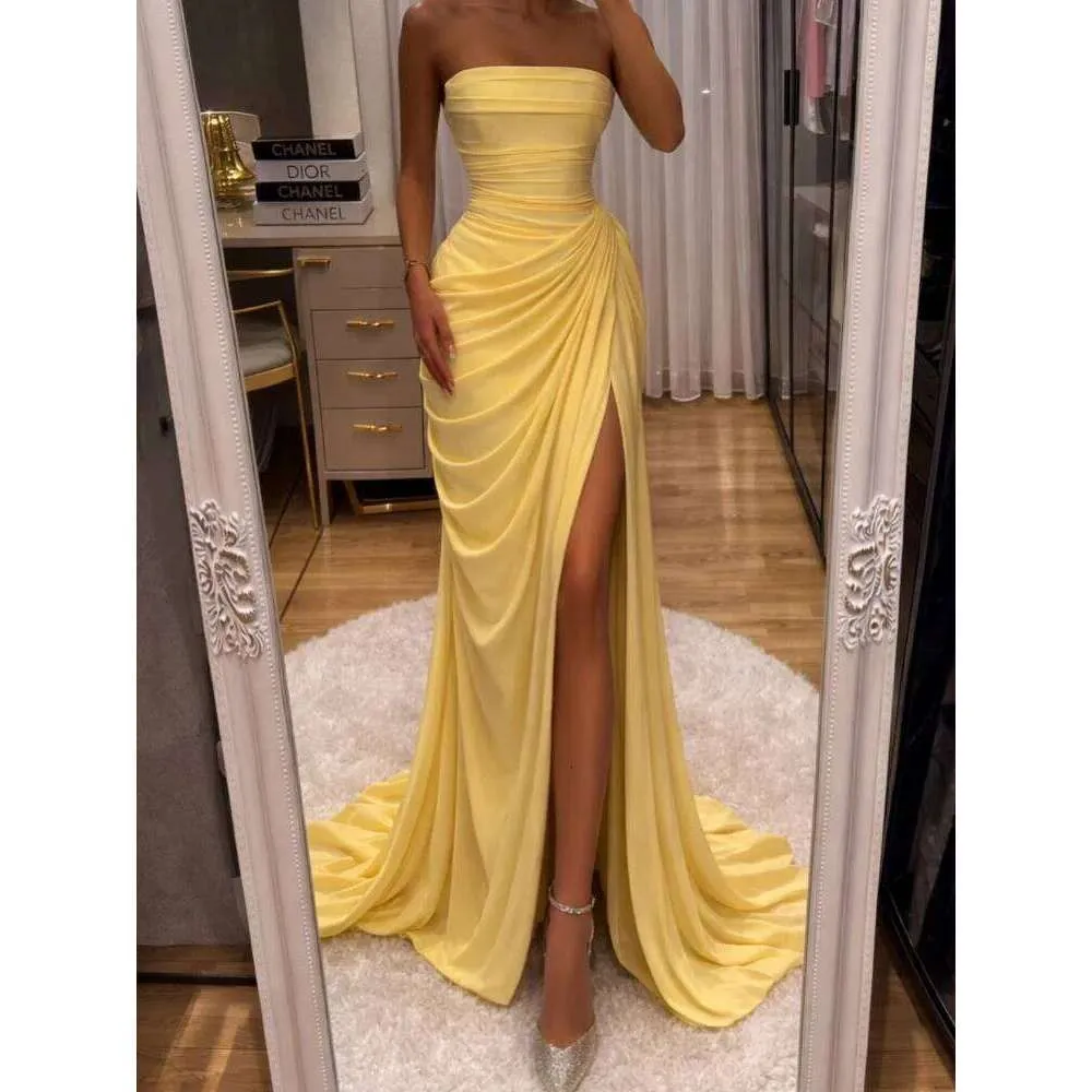 yellow pleated strapless dress Strapless Pleated Flared Dress M.R DESIGN