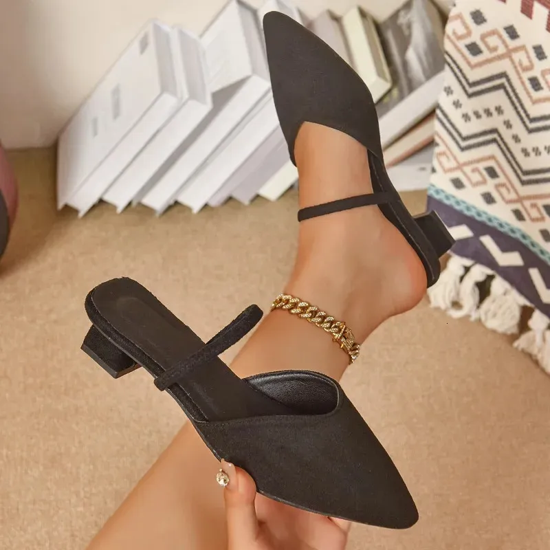 Fashion Velvet Bread Head Semi Drag Summer Pointed Toe Shallow Cuff Foot Non Slip Wear Resistant Square Heel Shoes_vogvips.com