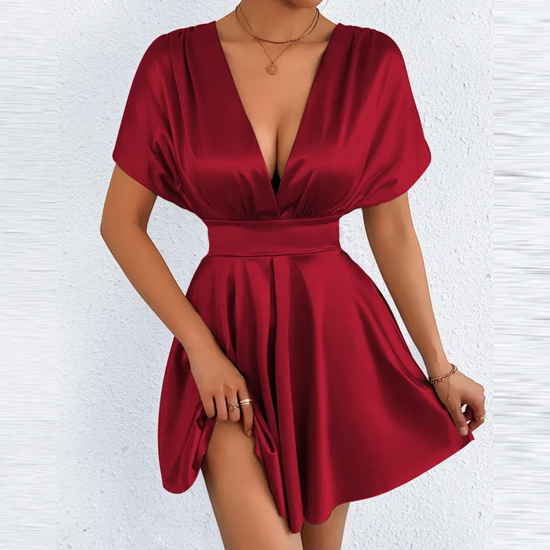 satin cinched waist a-line mini dress Women Elegant Deep V Neck Batwing Sleeve Cinch A Line Short Designer Dress Summer Cocktail Evening Party Formal Gown stocked-online Gold Sequin Mermaid Prom Color:white-pink This cool