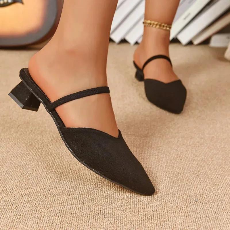 Fashion Velvet Bread Head Semi Drag Summer Pointed Toe Shallow Cuff Foot Non Slip Wear Resistant Square Heel Shoes_vogvips.com