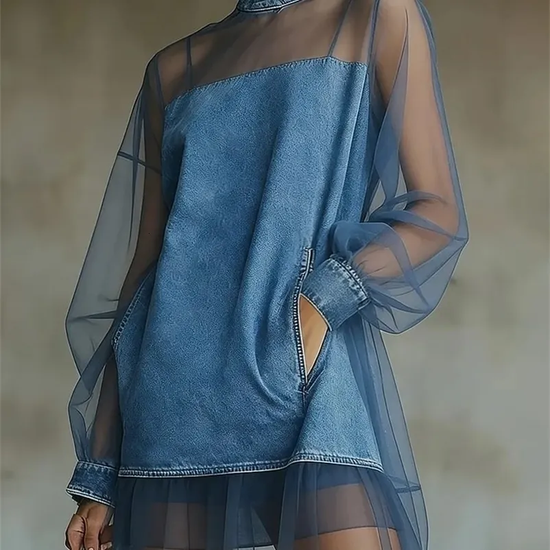 Chic Denim Mini Tulle Dress Women With Turtleneck And... From Mysticastore, Rs.2,380.72 In Bulk