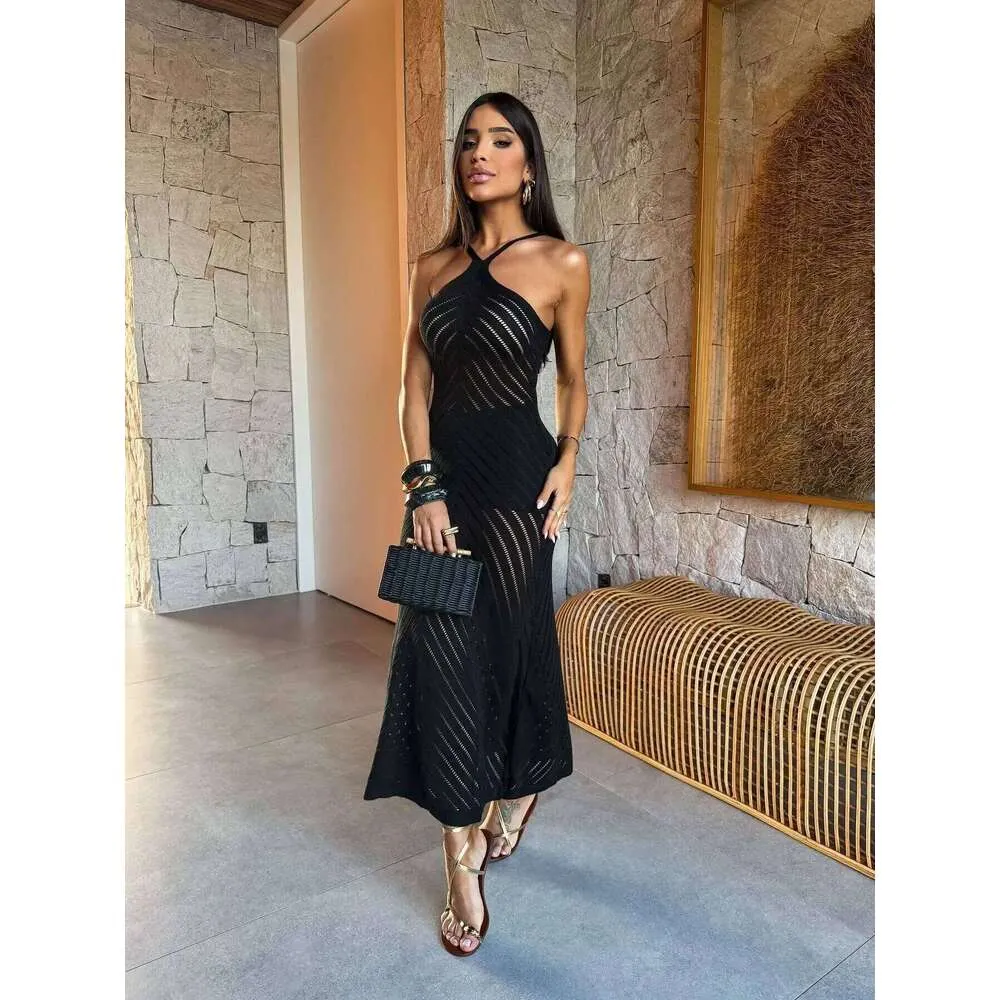 halter sweater dress Women Crochet Party Dresses Cover Up Elegant Long Sleeve Maxi Vestidos Holiday Beach Robe Halter neck
